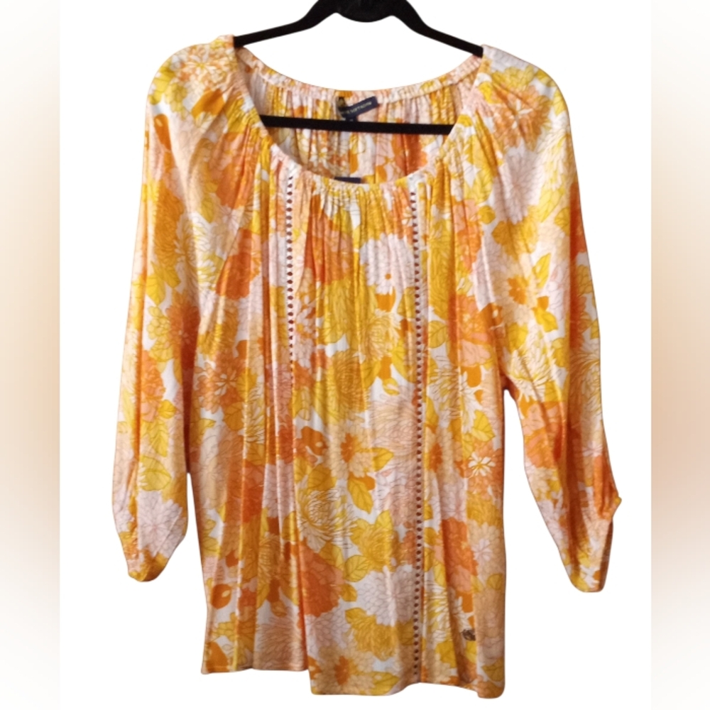 Adrienne Vittadini Woman 2X Multi Color Floral Print Peasant Boho Pullover Top